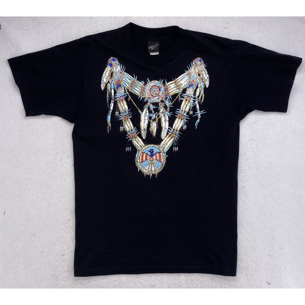 Diamond Dust Men’s Graphic T-Shirt Medium Black Native American Beaded Feather